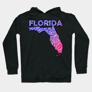 Colorful mandala art map of Florida with text in blue and violet Hoodie
